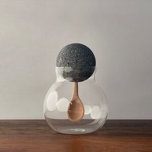 Spherical Glass Jar with Lava Stone Ball Lid and Inset Hand Carved Wood Spoon